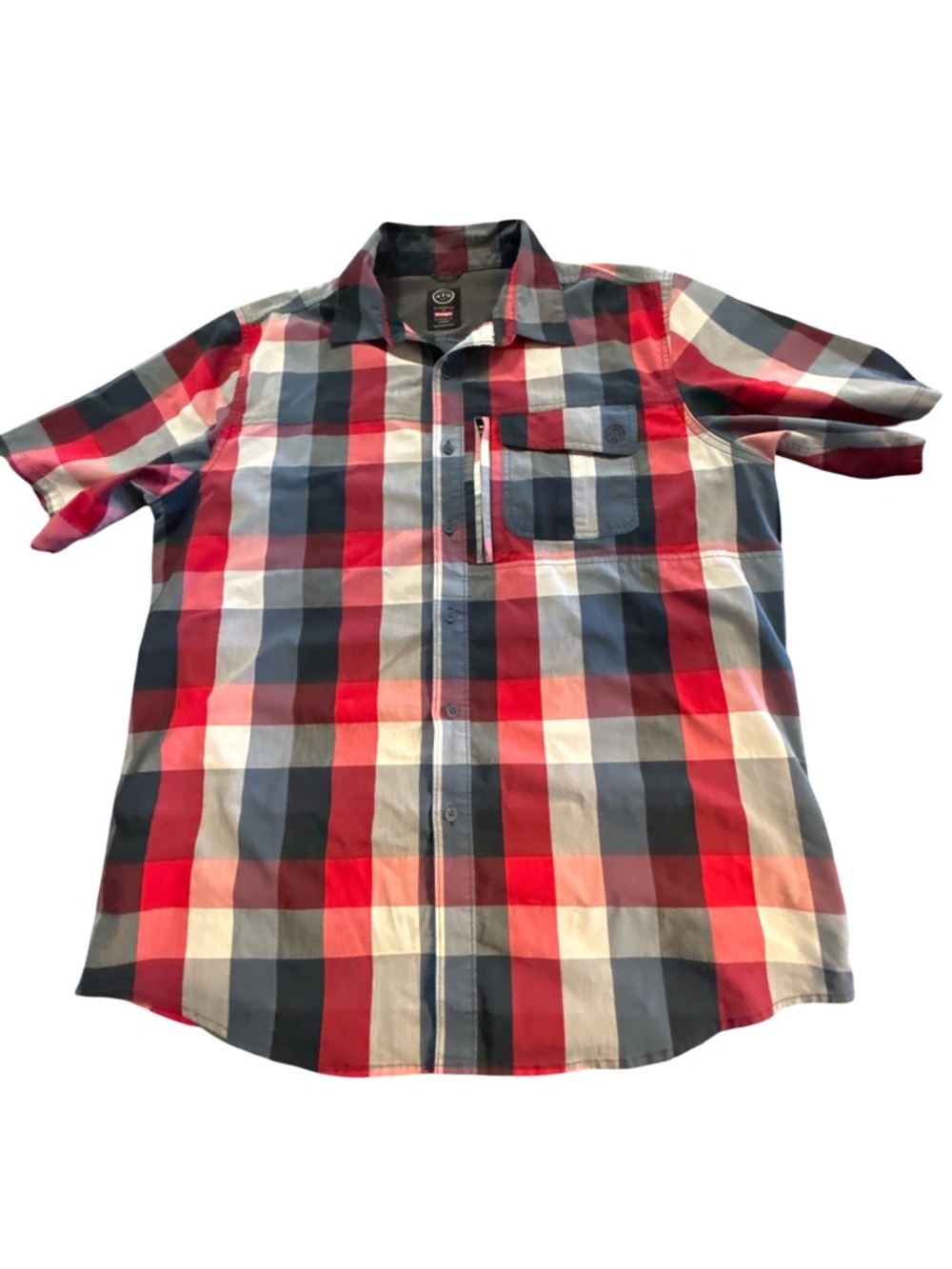 ATG Wrangler Men’s Large Plaid Short Sleeve Utility Shirt Red Blue